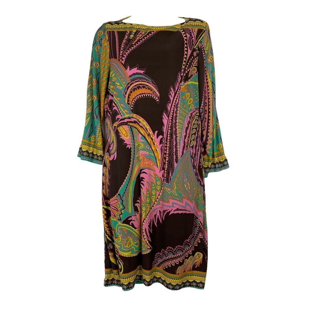 Eci Brown Pink Teal Boho Modern Dress Sz 10P